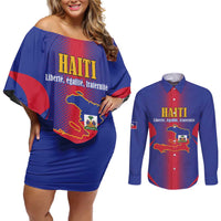 Haiti Pride Personalized Couples Matching Off Shoulder Short Dress and Long Sleeve Button Shirt Neg Marron Haitian Heritage - Wonder Print Shop