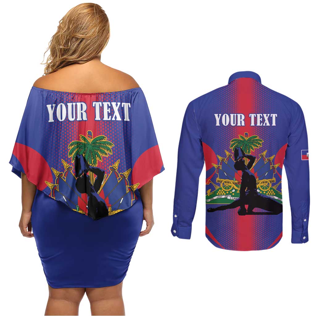 Haiti Pride Personalized Couples Matching Off Shoulder Short Dress and Long Sleeve Button Shirt Neg Marron Haitian Heritage - Wonder Print Shop