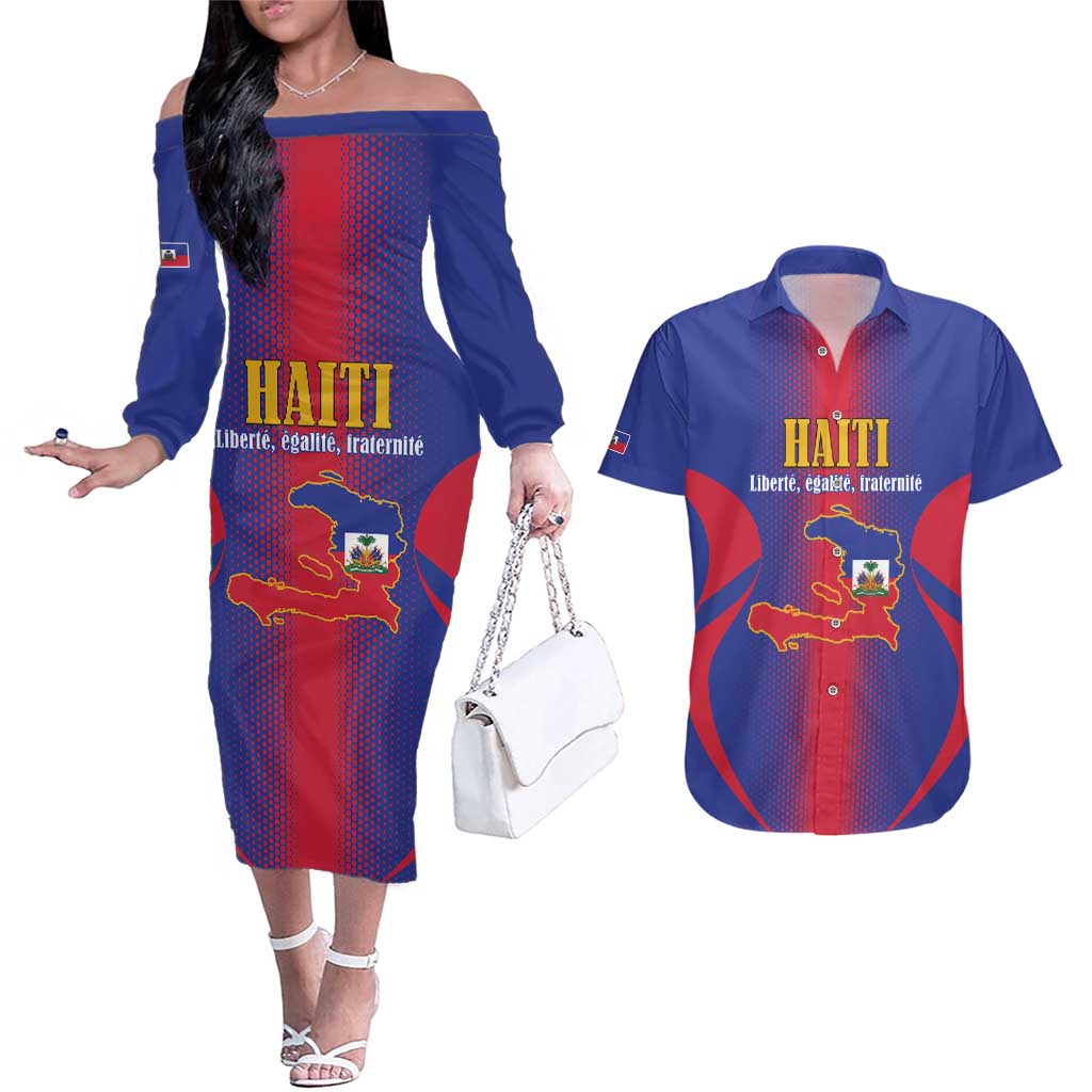 Haiti Pride Personalized Couples Matching Off The Shoulder Long Sleeve Dress and Hawaiian Shirt Neg Marron Haitian Heritage - Wonder Print Shop