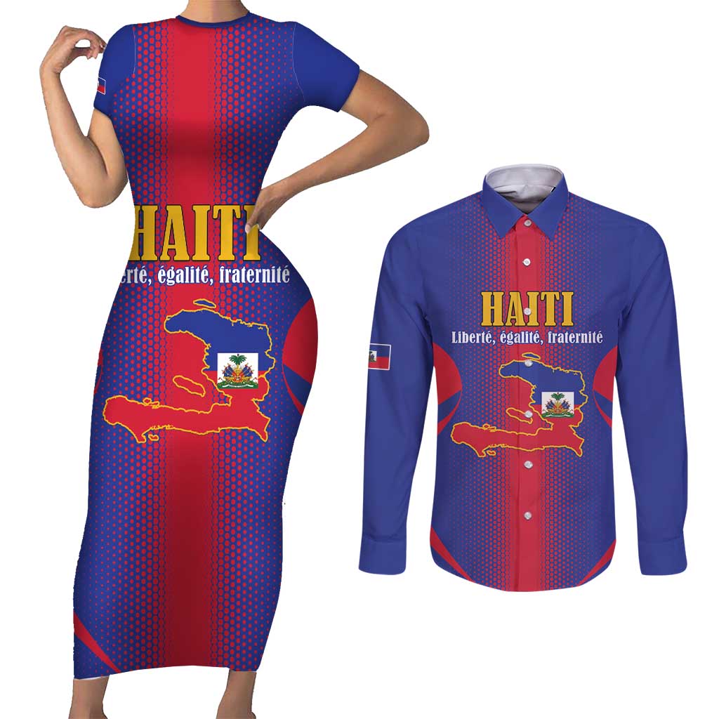 Haiti Pride Personalized Couples Matching Short Sleeve Bodycon Dress and Long Sleeve Button Shirt Neg Marron Haitian Heritage - Wonder Print Shop