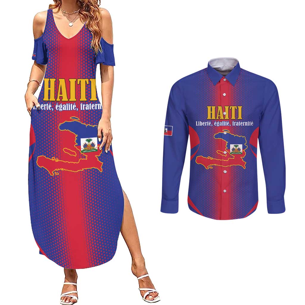 Haiti Pride Personalized Couples Matching Summer Maxi Dress and Long Sleeve Button Shirt Neg Marron Haitian Heritage - Wonder Print Shop