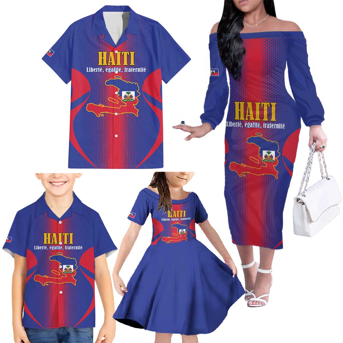 Haiti Pride Personalized Family Matching Off The Shoulder Long Sleeve Dress and Hawaiian Shirt Neg Marron Haitian Heritage - Wonder Print Shop