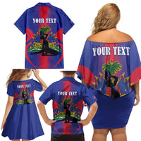Haiti Pride Personalized Family Matching Off Shoulder Short Dress and Hawaiian Shirt Neg Marron Haitian Heritage - Wonder Print Shop