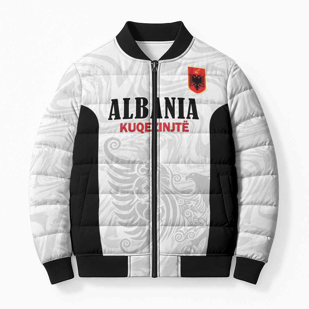 Custom Albania Football Pride Bomber Puffer Jacket Kuqezinjte Eagle White Version - Wonder Print Shop