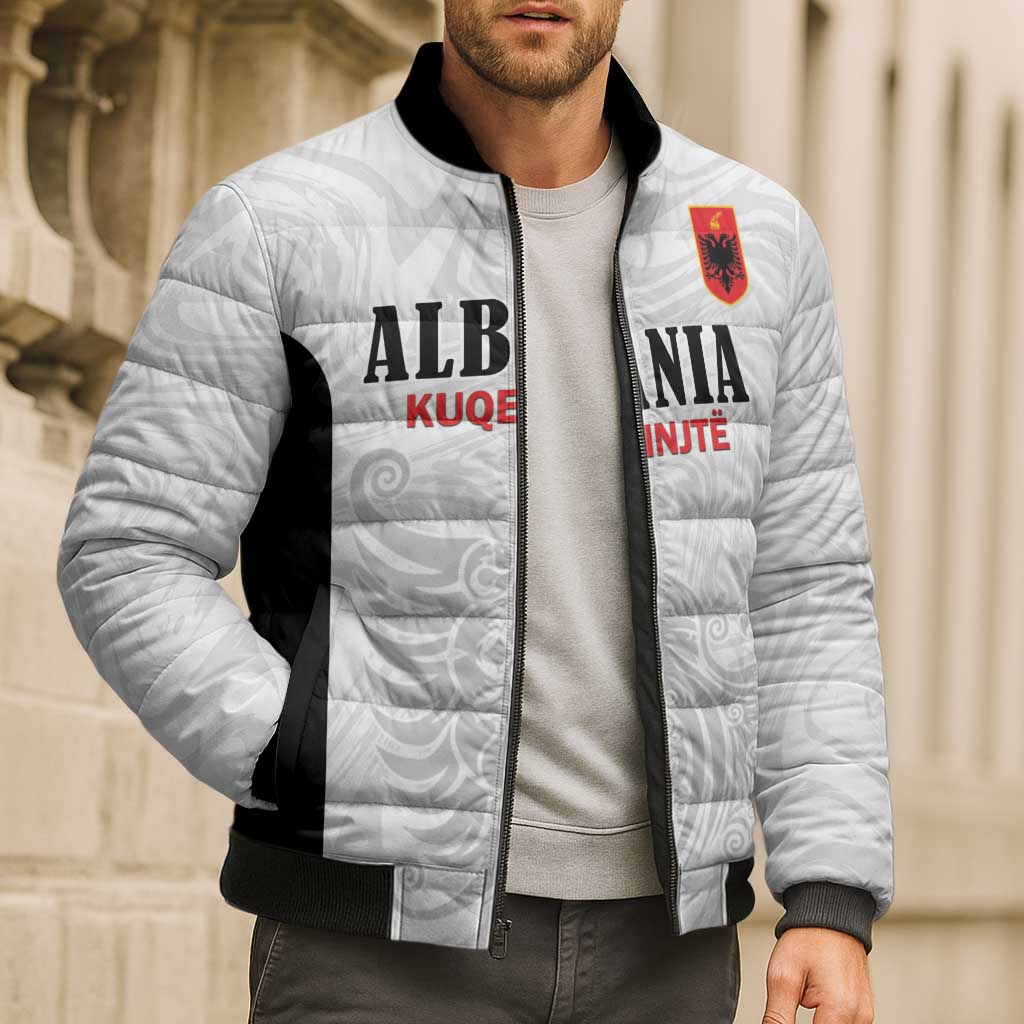 Custom Albania Football Pride Bomber Puffer Jacket Kuqezinjte Eagle White Version - Wonder Print Shop