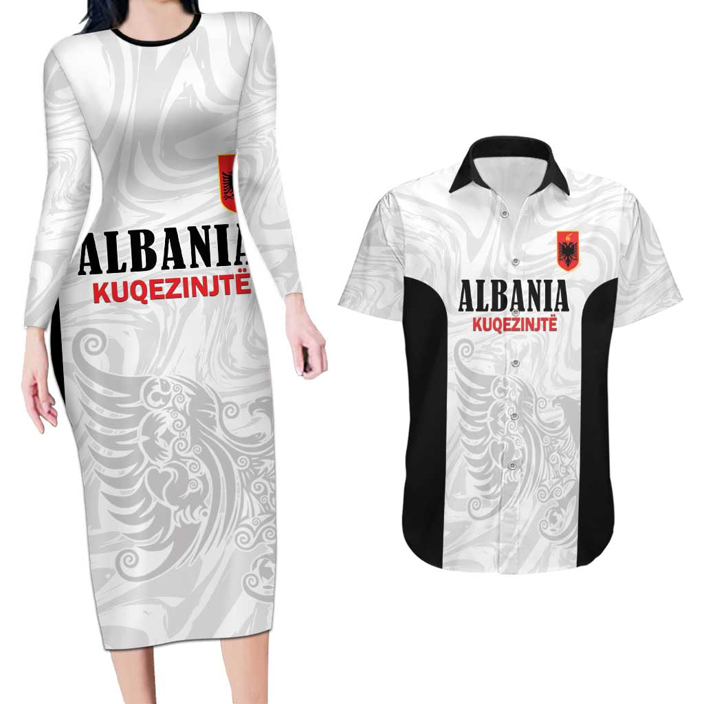 Custom Albania Football Pride Couples Matching Long Sleeve Bodycon Dress and Hawaiian Shirt Kuqezinjte Eagle White Version - Wonder Print Shop