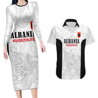 Custom Albania Football Pride Couples Matching Long Sleeve Bodycon Dress and Hawaiian Shirt Kuqezinjte Eagle White Version - Wonder Print Shop
