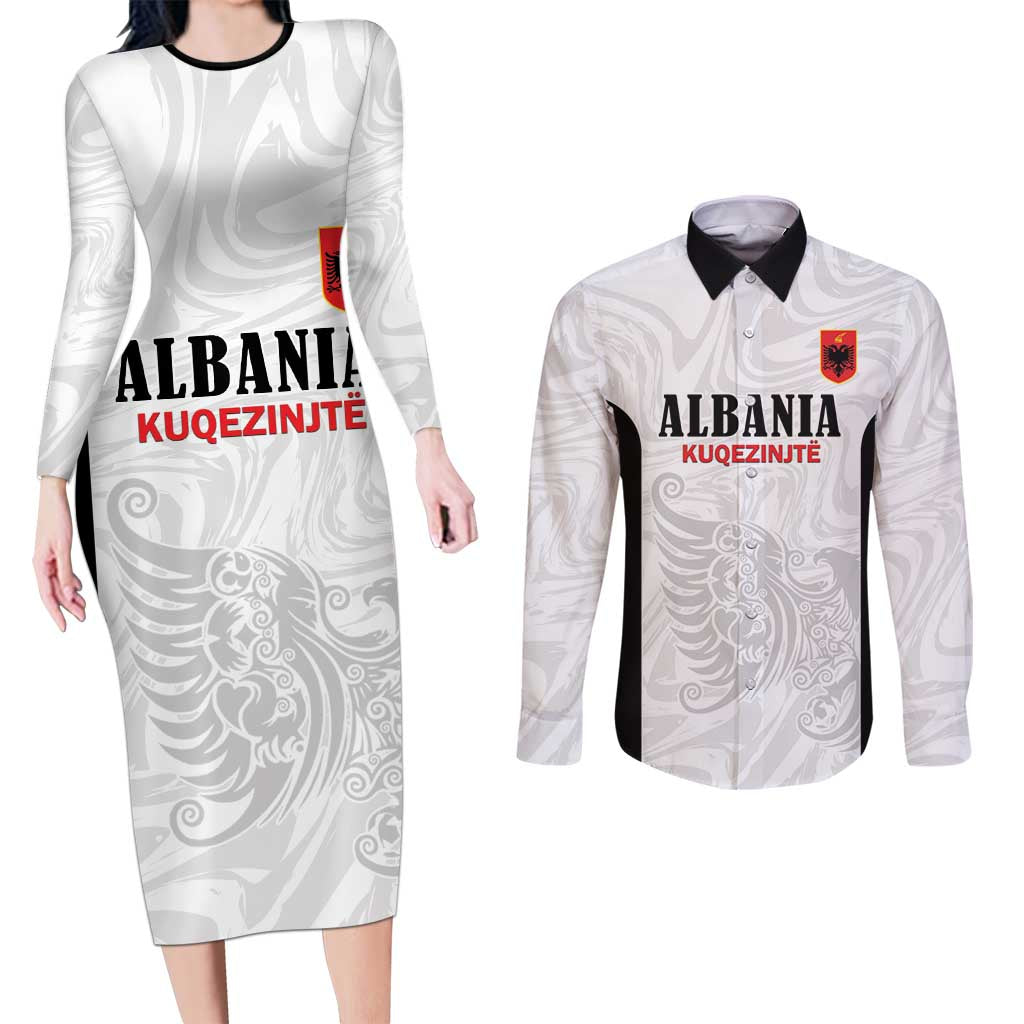 Custom Albania Football Pride Couples Matching Long Sleeve Bodycon Dress and Long Sleeve Button Shirt Kuqezinjte Eagle White Version - Wonder Print Shop