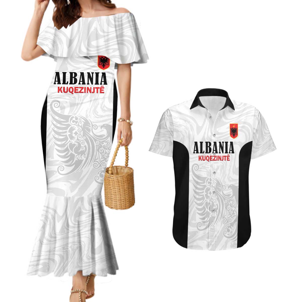Custom Albania Football Pride Couples Matching Mermaid Dress and Hawaiian Shirt Kuqezinjte Eagle White Version - Wonder Print Shop