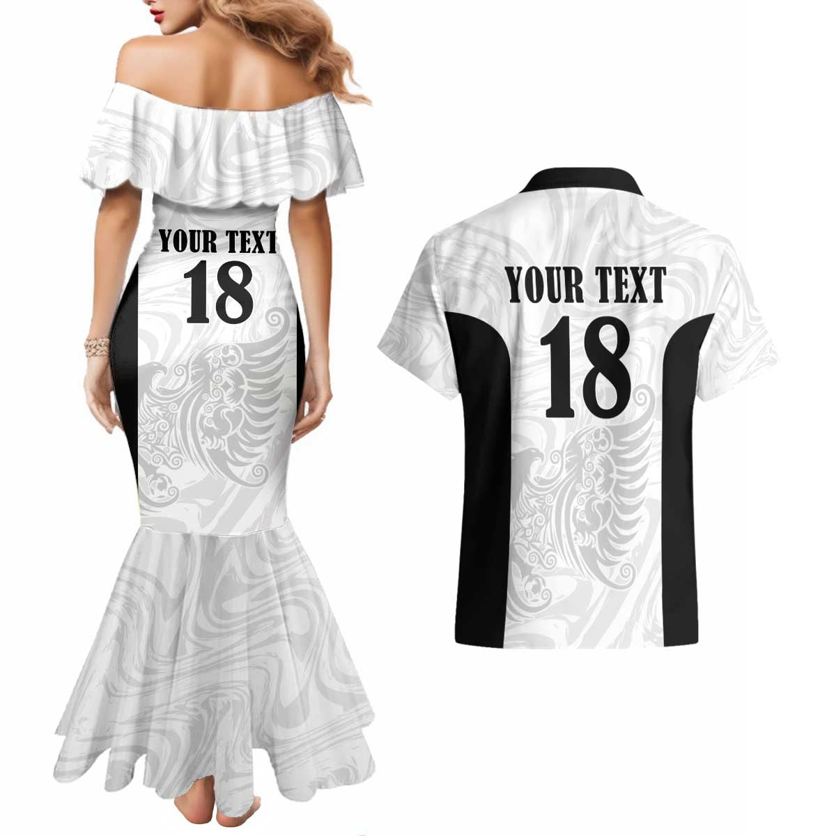 Custom Albania Football Pride Couples Matching Mermaid Dress and Hawaiian Shirt Kuqezinjte Eagle White Version - Wonder Print Shop