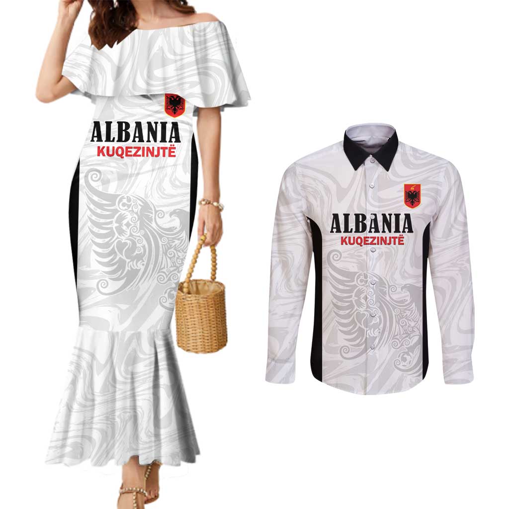 Custom Albania Football Pride Couples Matching Mermaid Dress and Long Sleeve Button Shirt Kuqezinjte Eagle White Version - Wonder Print Shop