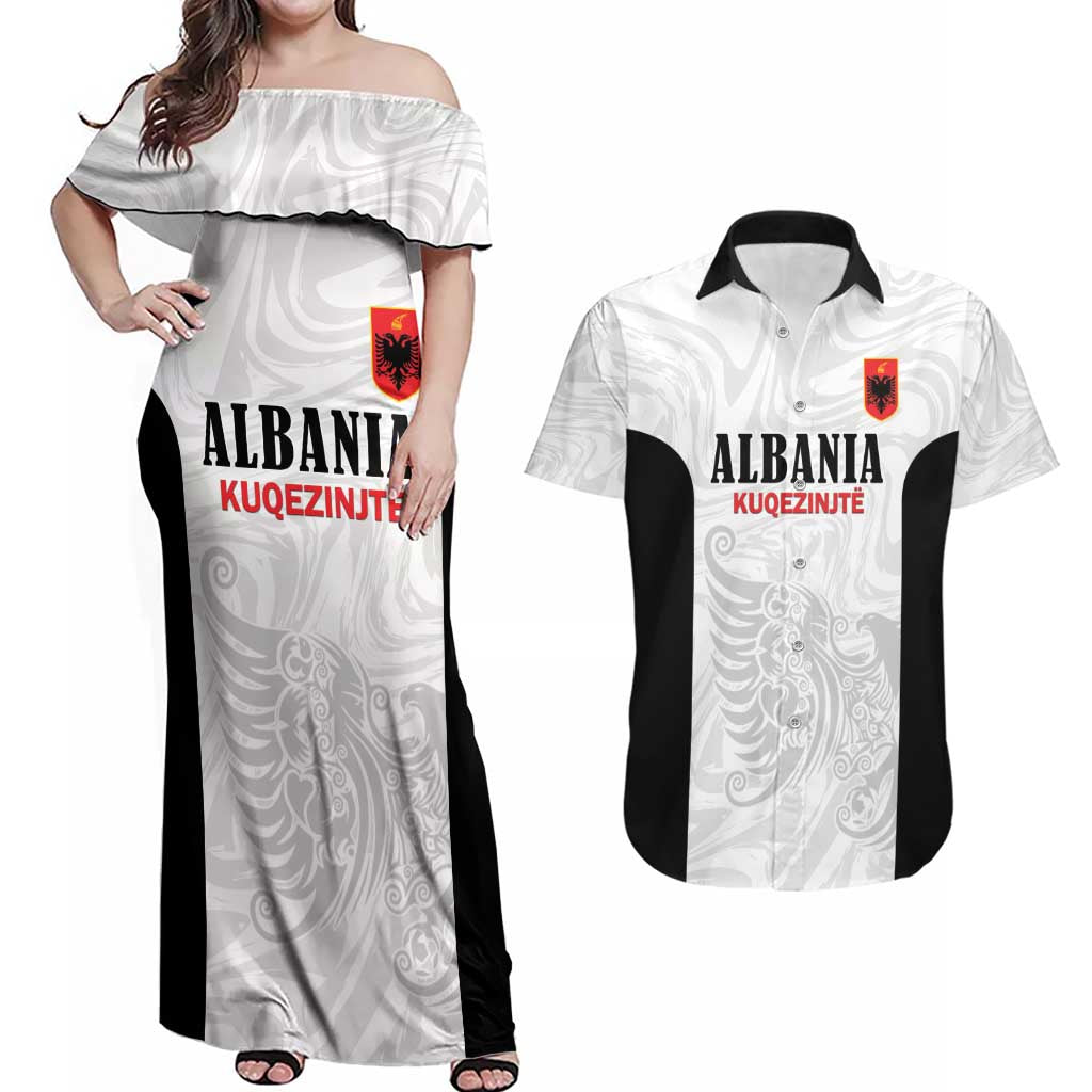 Custom Albania Football Pride Couples Matching Off Shoulder Maxi Dress and Hawaiian Shirt Kuqezinjte Eagle White Version - Wonder Print Shop