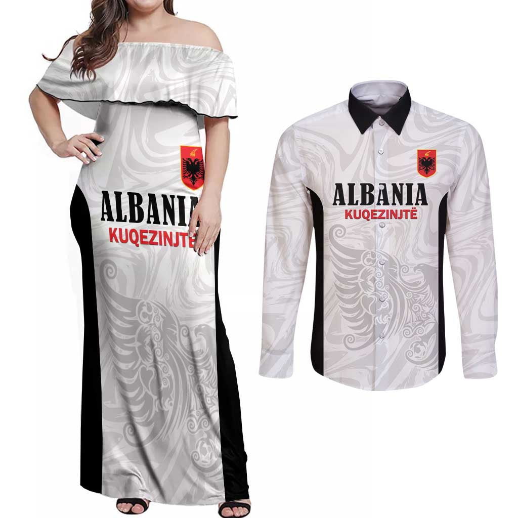 Custom Albania Football Pride Couples Matching Off Shoulder Maxi Dress and Long Sleeve Button Shirt Kuqezinjte Eagle White Version - Wonder Print Shop