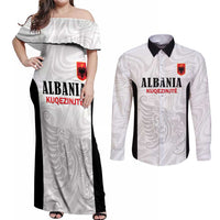 Custom Albania Football Pride Couples Matching Off Shoulder Maxi Dress and Long Sleeve Button Shirt Kuqezinjte Eagle White Version - Wonder Print Shop