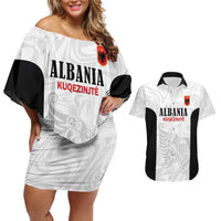 Custom Albania Football Pride Couples Matching Off Shoulder Short Dress and Hawaiian Shirt Kuqezinjte Eagle White Version - Wonder Print Shop