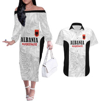 Custom Albania Football Pride Couples Matching Off The Shoulder Long Sleeve Dress and Hawaiian Shirt Kuqezinjte Eagle White Version - Wonder Print Shop