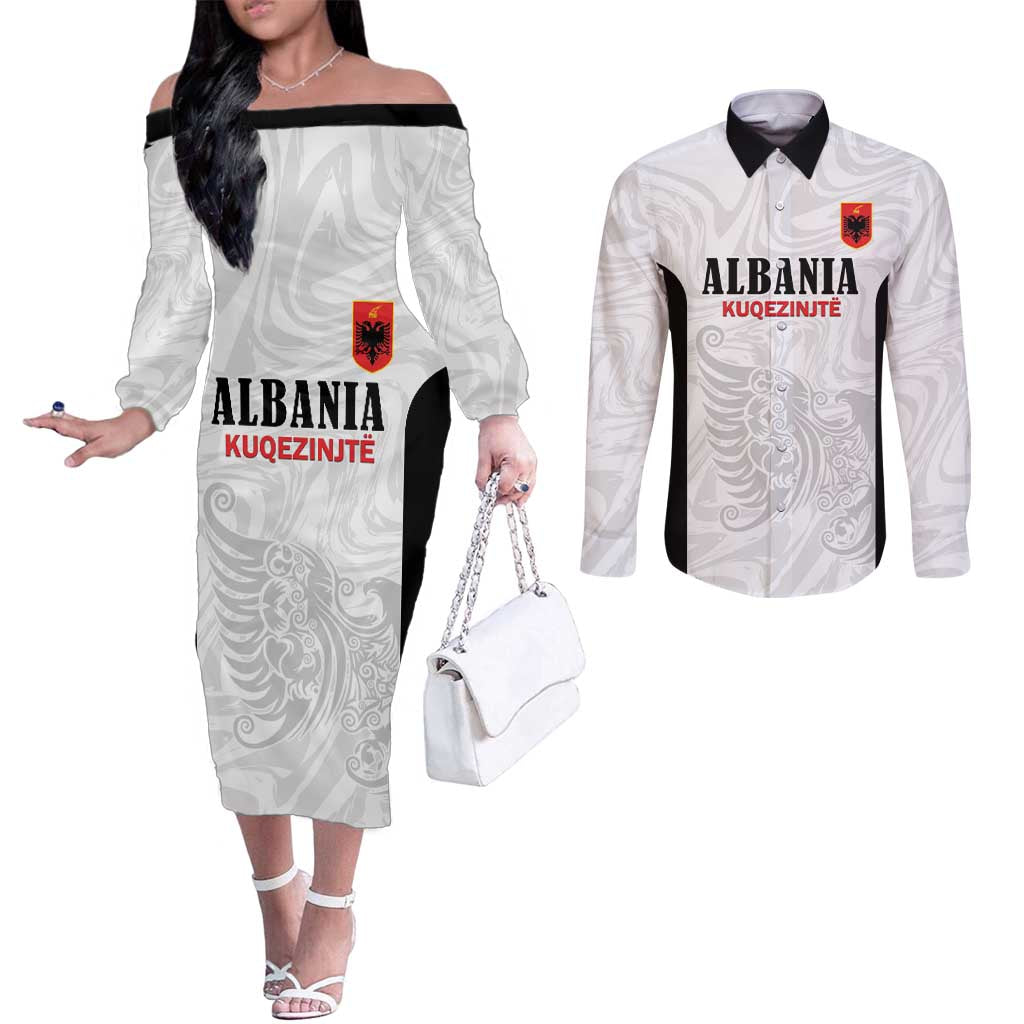 Custom Albania Football Pride Couples Matching Off The Shoulder Long Sleeve Dress and Long Sleeve Button Shirt Kuqezinjte Eagle White Version - Wonder Print Shop