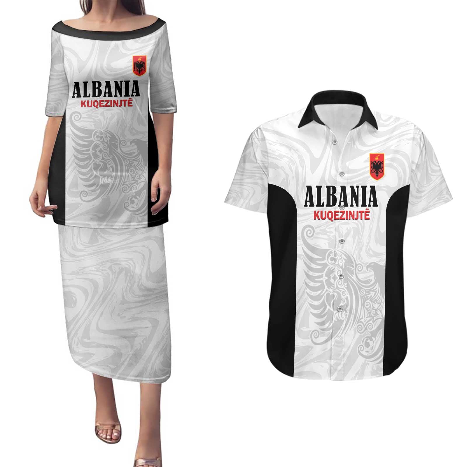 Custom Albania Football Pride Couples Matching Puletasi and Hawaiian Shirt Kuqezinjte Eagle White Version - Wonder Print Shop