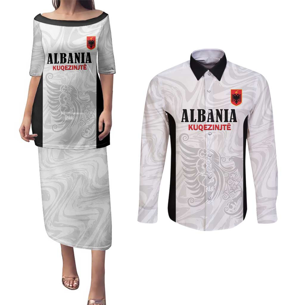 Custom Albania Football Pride Couples Matching Puletasi and Long Sleeve Button Shirt Kuqezinjte Eagle White Version - Wonder Print Shop
