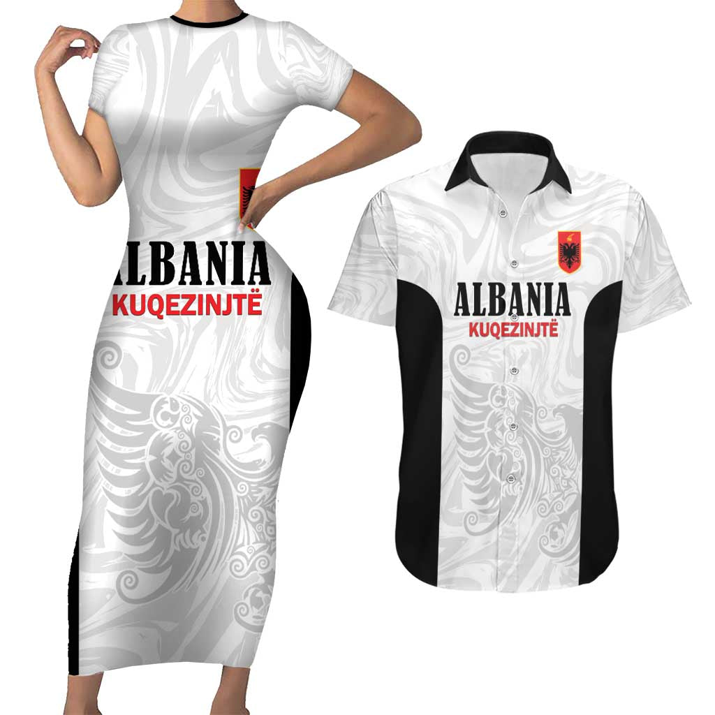 Custom Albania Football Pride Couples Matching Short Sleeve Bodycon Dress and Hawaiian Shirt Kuqezinjte Eagle White Version - Wonder Print Shop