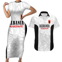 Custom Albania Football Pride Couples Matching Short Sleeve Bodycon Dress and Hawaiian Shirt Kuqezinjte Eagle White Version - Wonder Print Shop