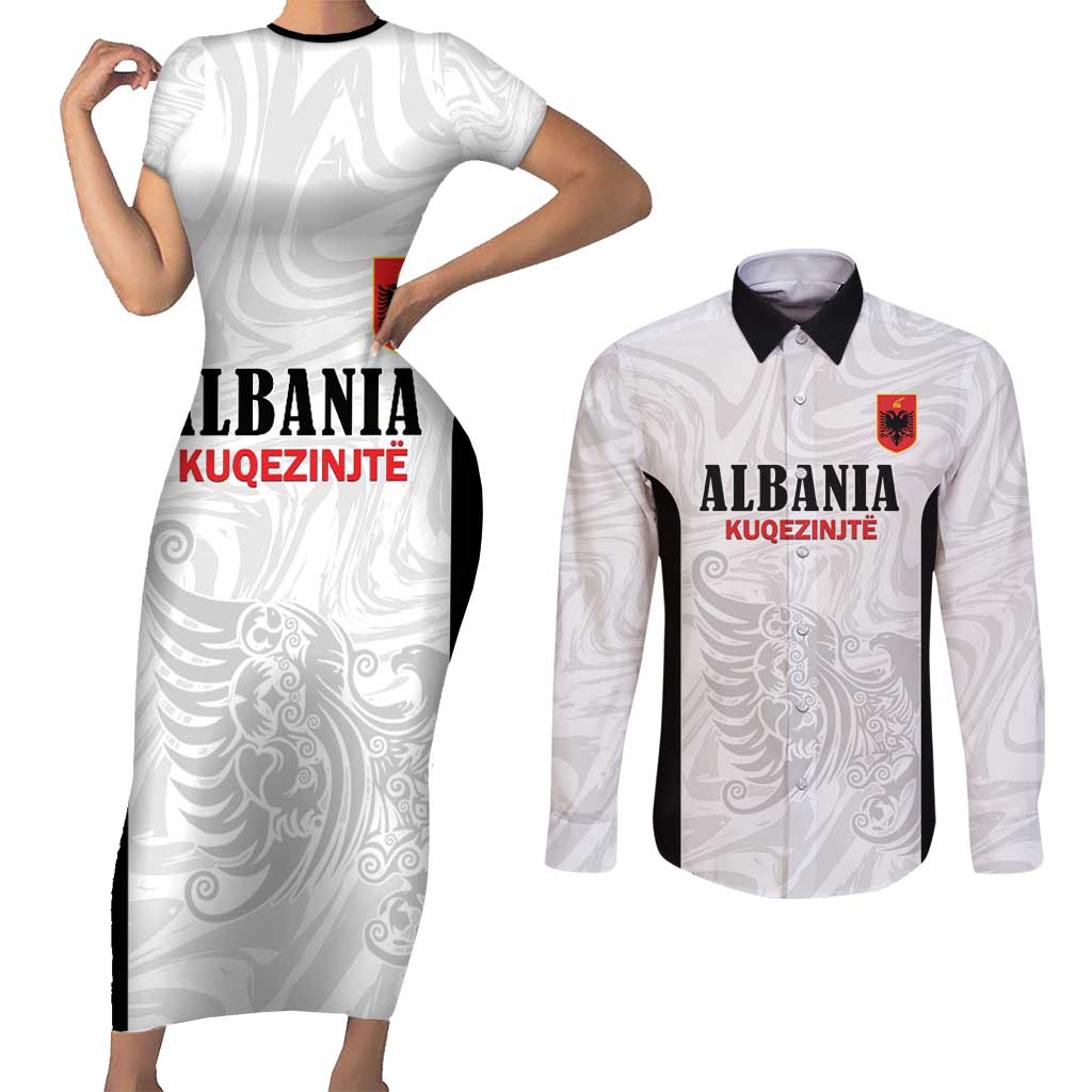 Custom Albania Football Pride Couples Matching Short Sleeve Bodycon Dress and Long Sleeve Button Shirt Kuqezinjte Eagle White Version - Wonder Print Shop