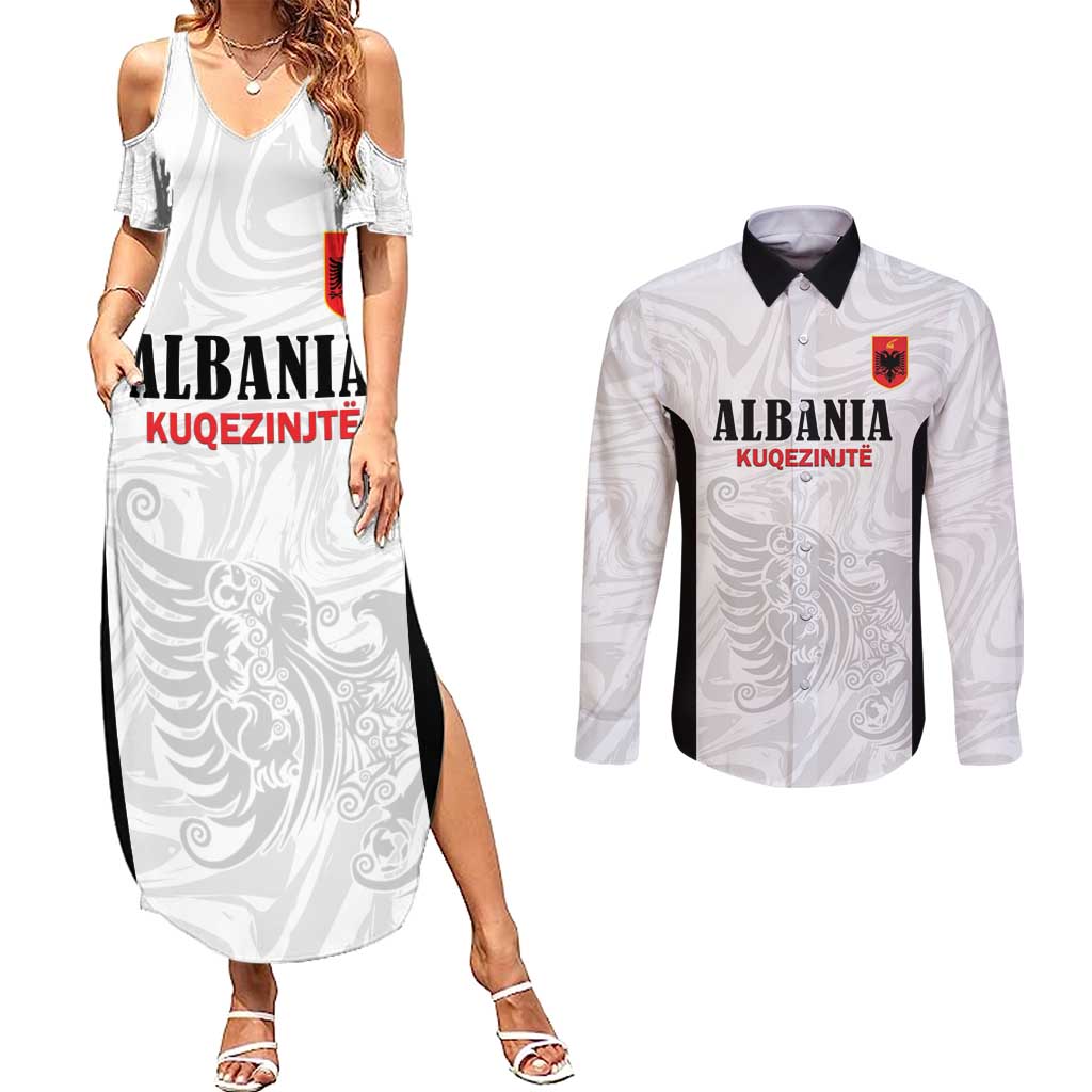 Custom Albania Football Pride Couples Matching Summer Maxi Dress and Long Sleeve Button Shirt Kuqezinjte Eagle White Version - Wonder Print Shop