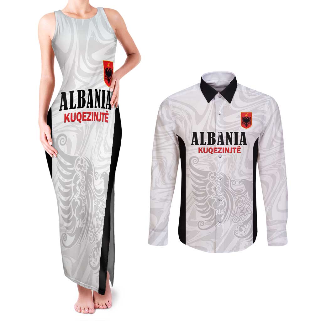 Custom Albania Football Pride Couples Matching Tank Maxi Dress and Long Sleeve Button Shirt Kuqezinjte Eagle White Version - Wonder Print Shop
