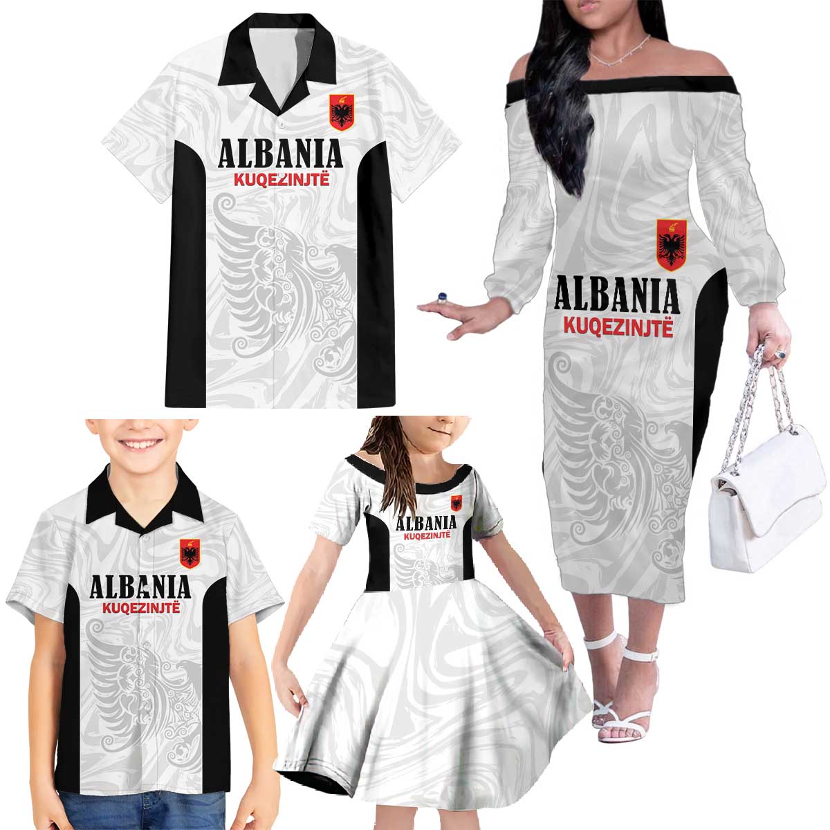 Custom Albania Football Pride Family Matching Off The Shoulder Long Sleeve Dress and Hawaiian Shirt Kuqezinjte Eagle White Version - Wonder Print Shop