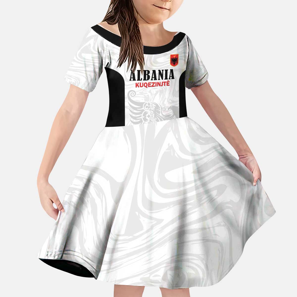 Custom Albania Football Pride Kid Short Sleeve Dress Kuqezinjte Eagle White Version - Wonder Print Shop