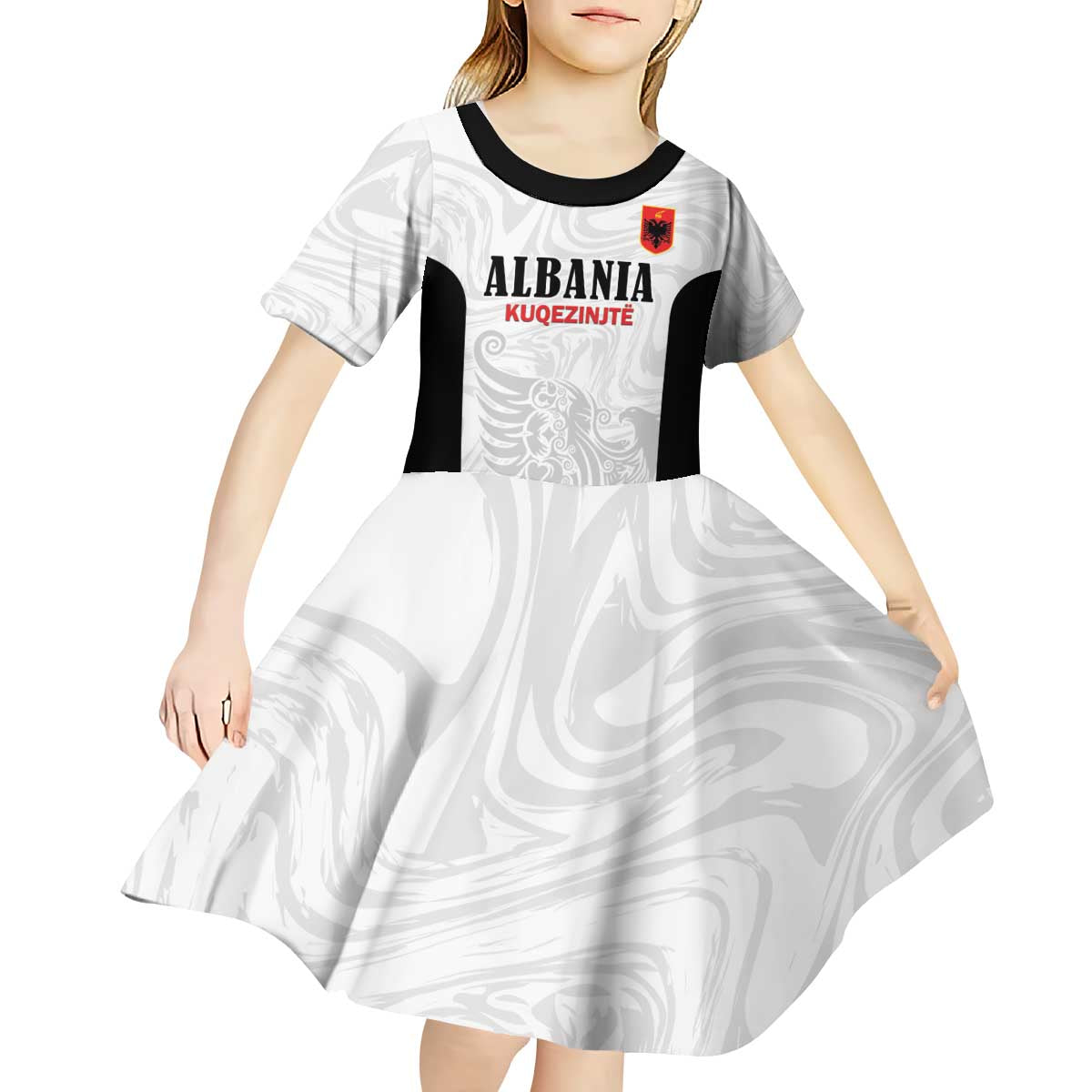 Custom Albania Football Pride Kid Short Sleeve Dress Kuqezinjte Eagle White Version - Wonder Print Shop