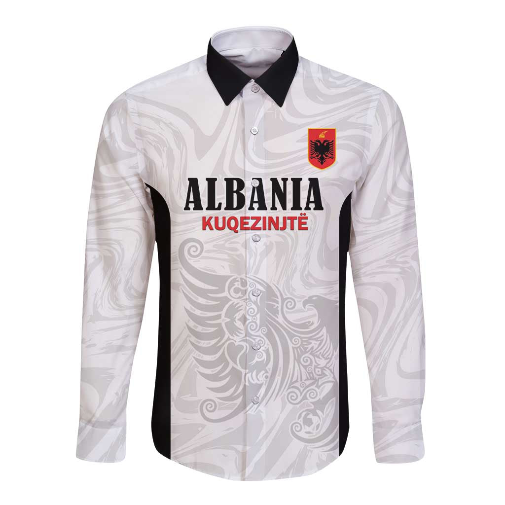 Custom Albania Football Pride Long Sleeve Button Shirt Kuqezinjte Eagle White Version - Wonder Print Shop
