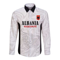 Custom Albania Football Pride Long Sleeve Button Shirt Kuqezinjte Eagle White Version - Wonder Print Shop