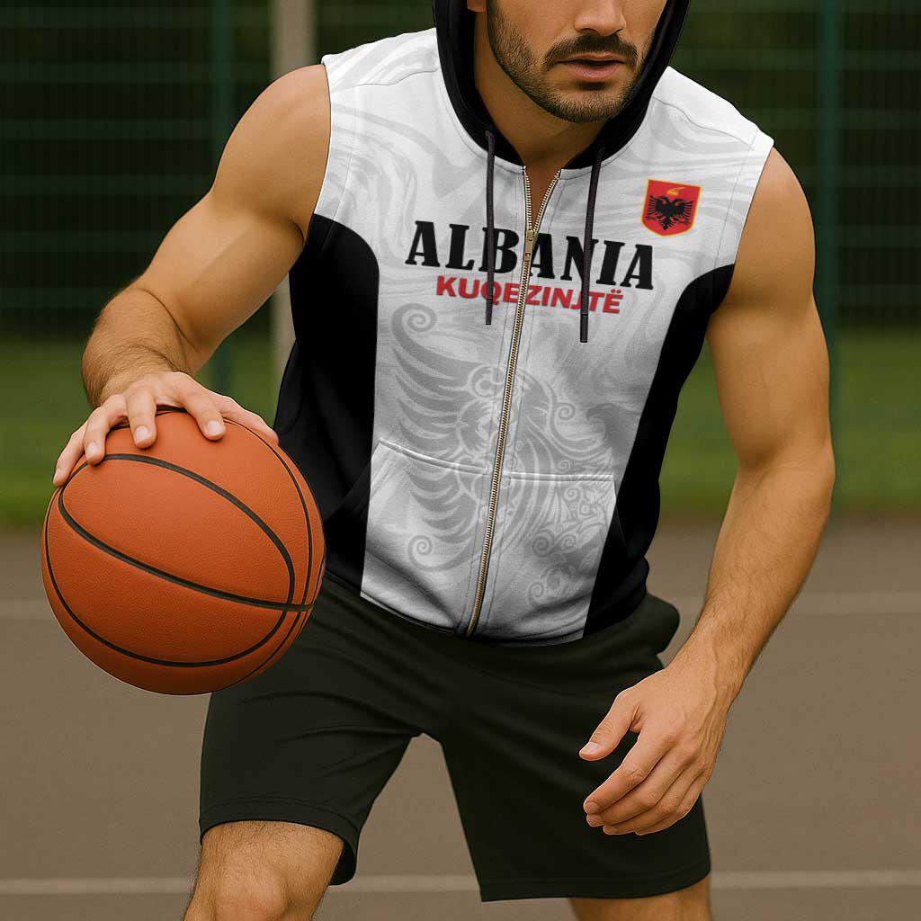 Custom Albania Football Pride Sleeveless Zip Hoodie Kuqezinjte Eagle White Version - Wonder Print Shop