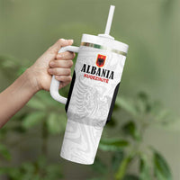 Custom Albania Football Pride Tumbler With Handle Kuqezinjte Eagle White Version - Wonder Print Shop