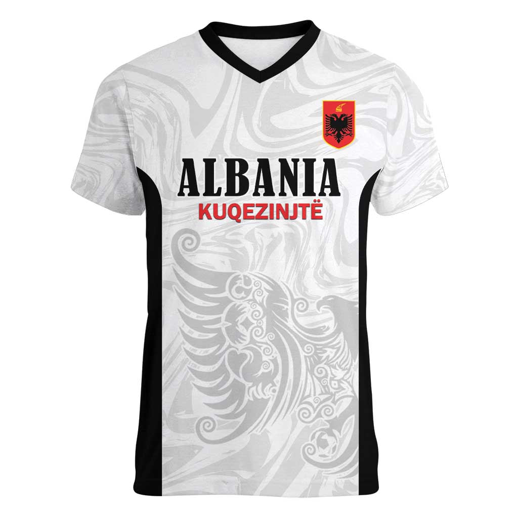 Custom Albania Football Pride Women V-Neck T-Shirt Kuqezinjte Eagle White Version - Wonder Print Shop