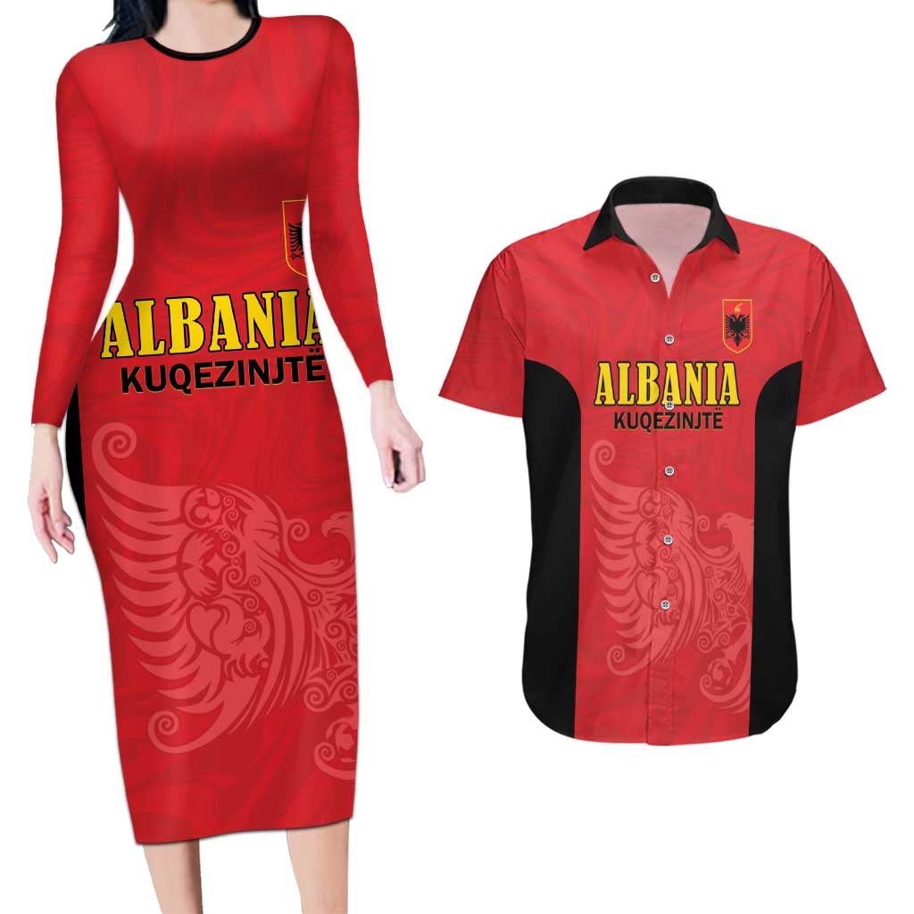 Custom Albania Football Pride Couples Matching Long Sleeve Bodycon Dress and Hawaiian Shirt Kuqezinjte Eagle Red Version - Wonder Print Shop