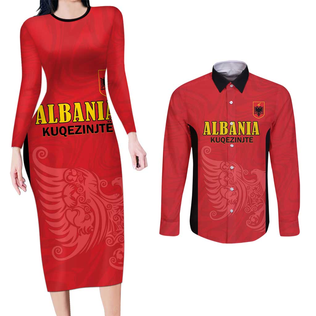 Custom Albania Football Pride Couples Matching Long Sleeve Bodycon Dress and Long Sleeve Button Shirt Kuqezinjte Eagle Red Version - Wonder Print Shop