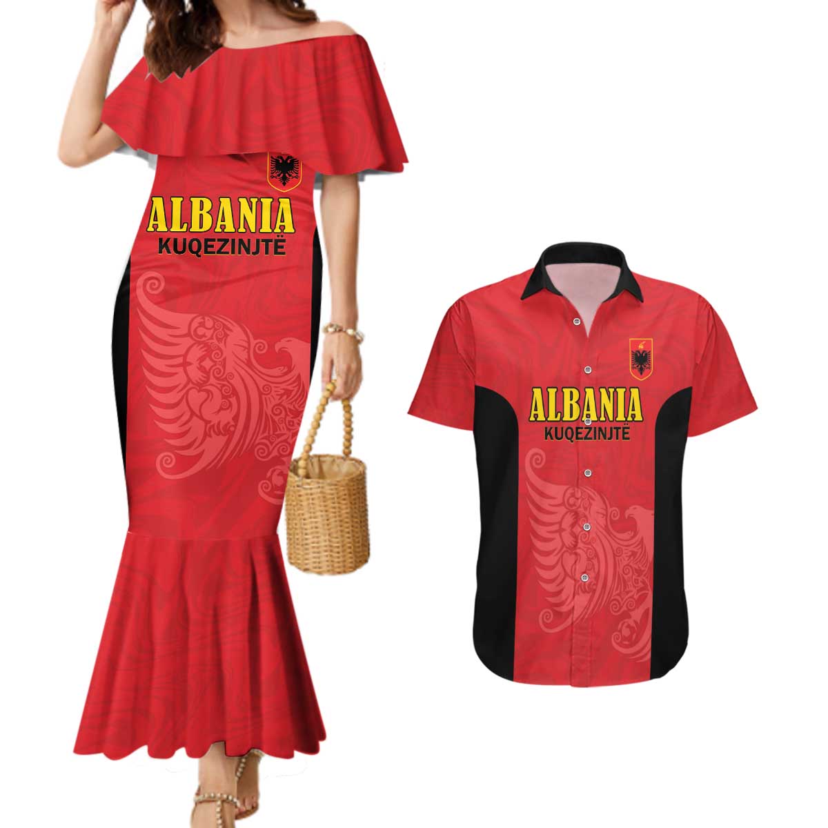 Custom Albania Football Pride Couples Matching Mermaid Dress and Hawaiian Shirt Kuqezinjte Eagle Red Version - Wonder Print Shop