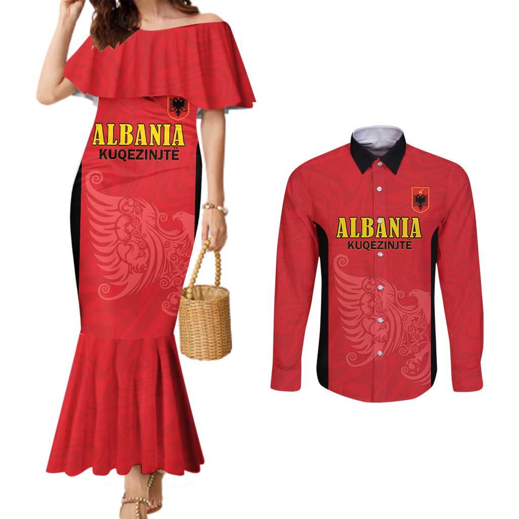 Custom Albania Football Pride Couples Matching Mermaid Dress and Long Sleeve Button Shirt Kuqezinjte Eagle Red Version - Wonder Print Shop