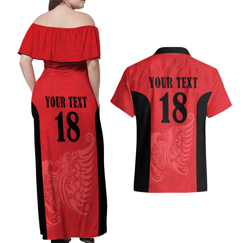 Custom Albania Football Pride Couples Matching Off Shoulder Maxi Dress and Hawaiian Shirt Kuqezinjte Eagle Red Version - Wonder Print Shop
