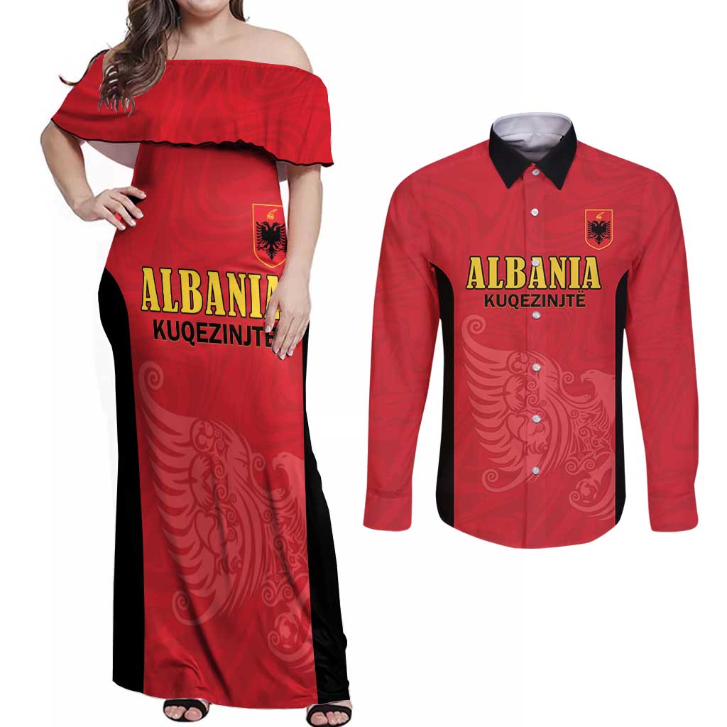 Custom Albania Football Pride Couples Matching Off Shoulder Maxi Dress and Long Sleeve Button Shirt Kuqezinjte Eagle Red Version - Wonder Print Shop