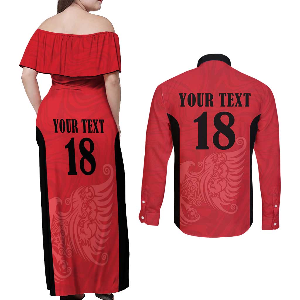 Custom Albania Football Pride Couples Matching Off Shoulder Maxi Dress and Long Sleeve Button Shirt Kuqezinjte Eagle Red Version - Wonder Print Shop