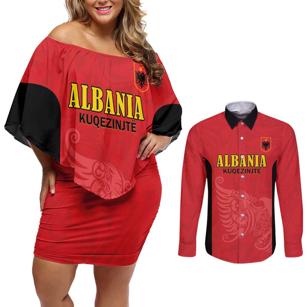 Custom Albania Football Pride Couples Matching Off Shoulder Short Dress and Long Sleeve Button Shirt Kuqezinjte Eagle Red Version - Wonder Print Shop