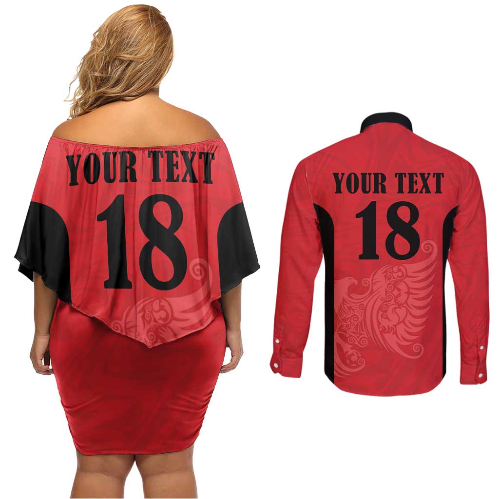 Custom Albania Football Pride Couples Matching Off Shoulder Short Dress and Long Sleeve Button Shirt Kuqezinjte Eagle Red Version - Wonder Print Shop