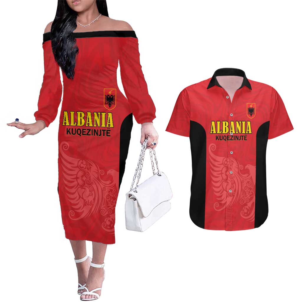 Custom Albania Football Pride Couples Matching Off The Shoulder Long Sleeve Dress and Hawaiian Shirt Kuqezinjte Eagle Red Version - Wonder Print Shop