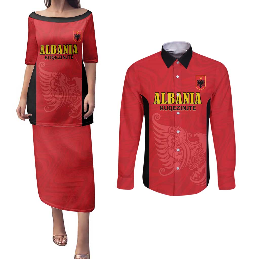 Custom Albania Football Pride Couples Matching Puletasi and Long Sleeve Button Shirt Kuqezinjte Eagle Red Version - Wonder Print Shop