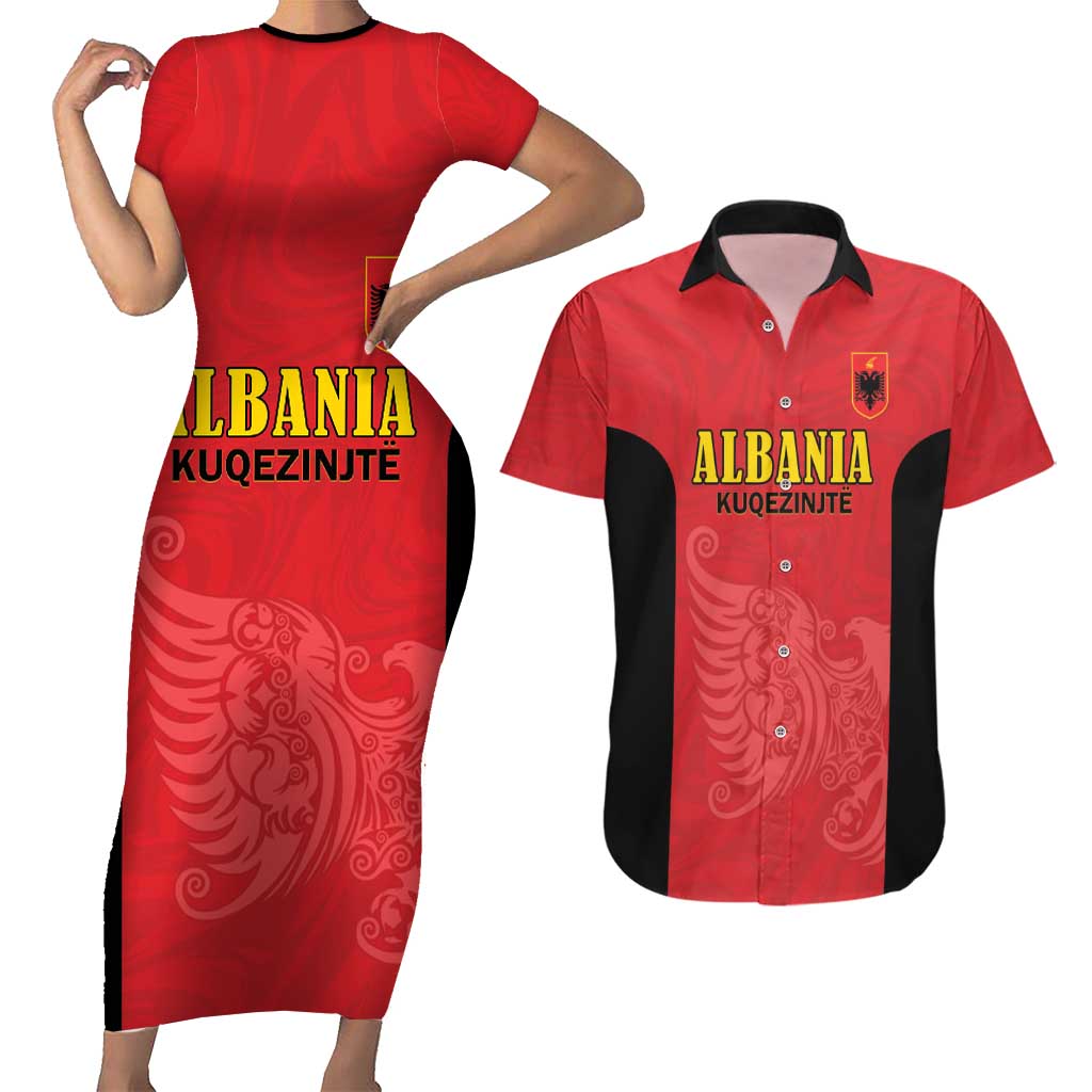 Custom Albania Football Pride Couples Matching Short Sleeve Bodycon Dress and Hawaiian Shirt Kuqezinjte Eagle Red Version - Wonder Print Shop