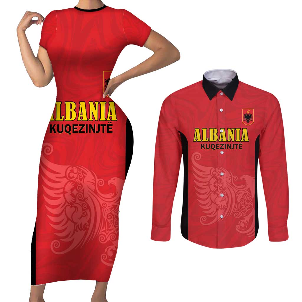 Custom Albania Football Pride Couples Matching Short Sleeve Bodycon Dress and Long Sleeve Button Shirt Kuqezinjte Eagle Red Version - Wonder Print Shop
