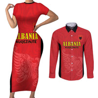 Custom Albania Football Pride Couples Matching Short Sleeve Bodycon Dress and Long Sleeve Button Shirt Kuqezinjte Eagle Red Version - Wonder Print Shop